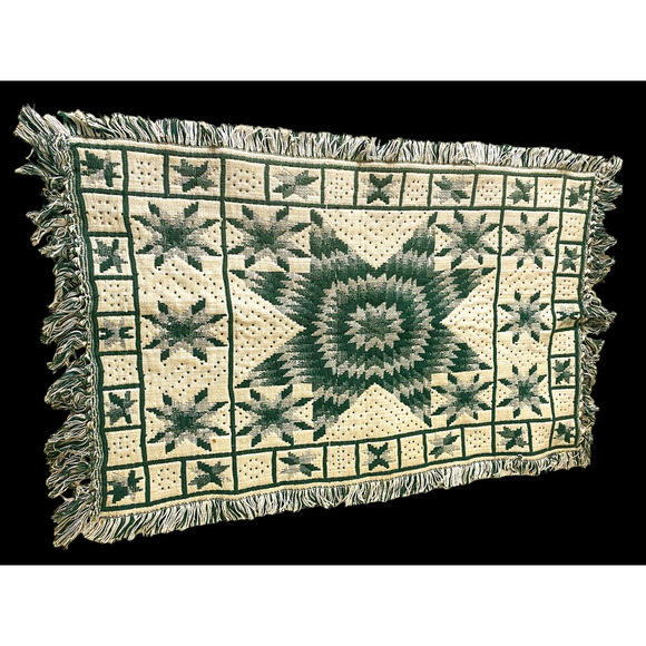Green White Rug Scatter Dhurrie Star Quilt Pattern Amish Country Look 22"x38" - Picture 1 of 12